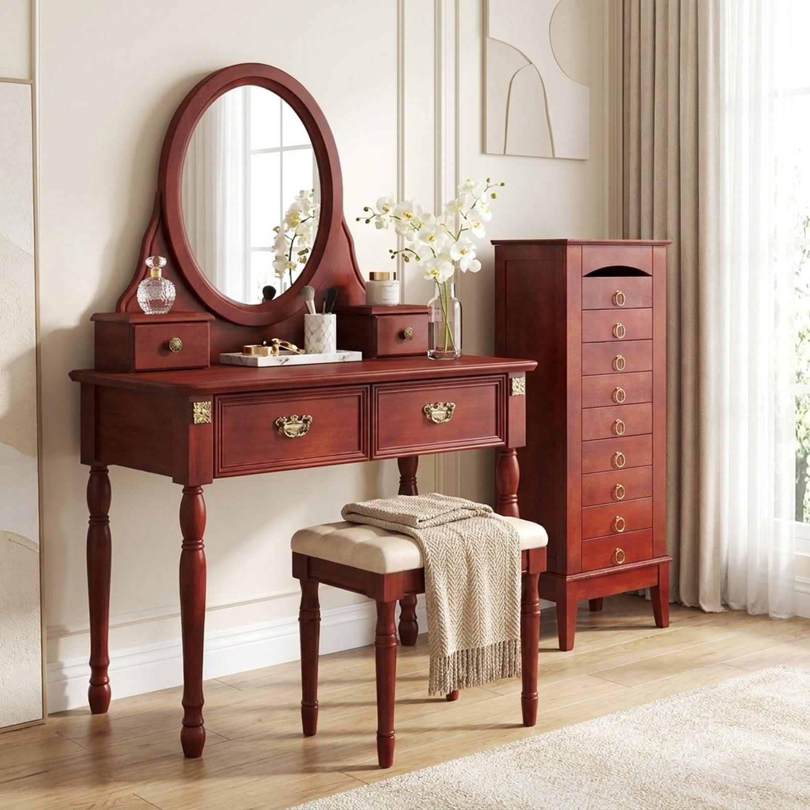 Furnibear Large Capacity Jewelry Storage Cabinet with 9 Drawers for Bedroom Dressing Room Jewelry Necklace Rings Storage Mirror, Walnut