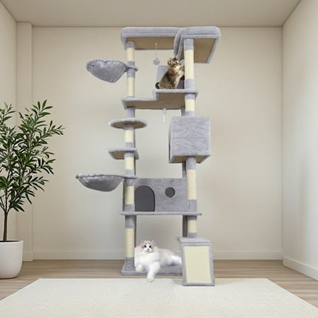 Yougu 84 in  Cat Tree Tower With Large Condo Sisal Scratching Post Big Hammock and top Platform,Light Gray
