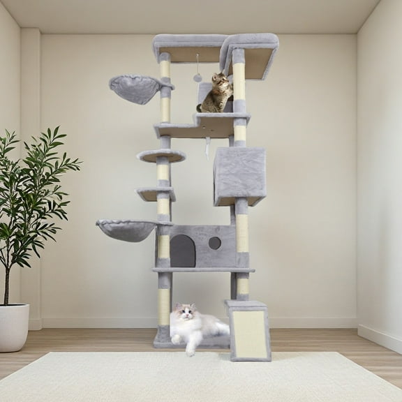 Yougu 84 in  Cat Tree Tower With Large Condo Sisal Scratching Post Big Hammock and top Platform,Light Gray