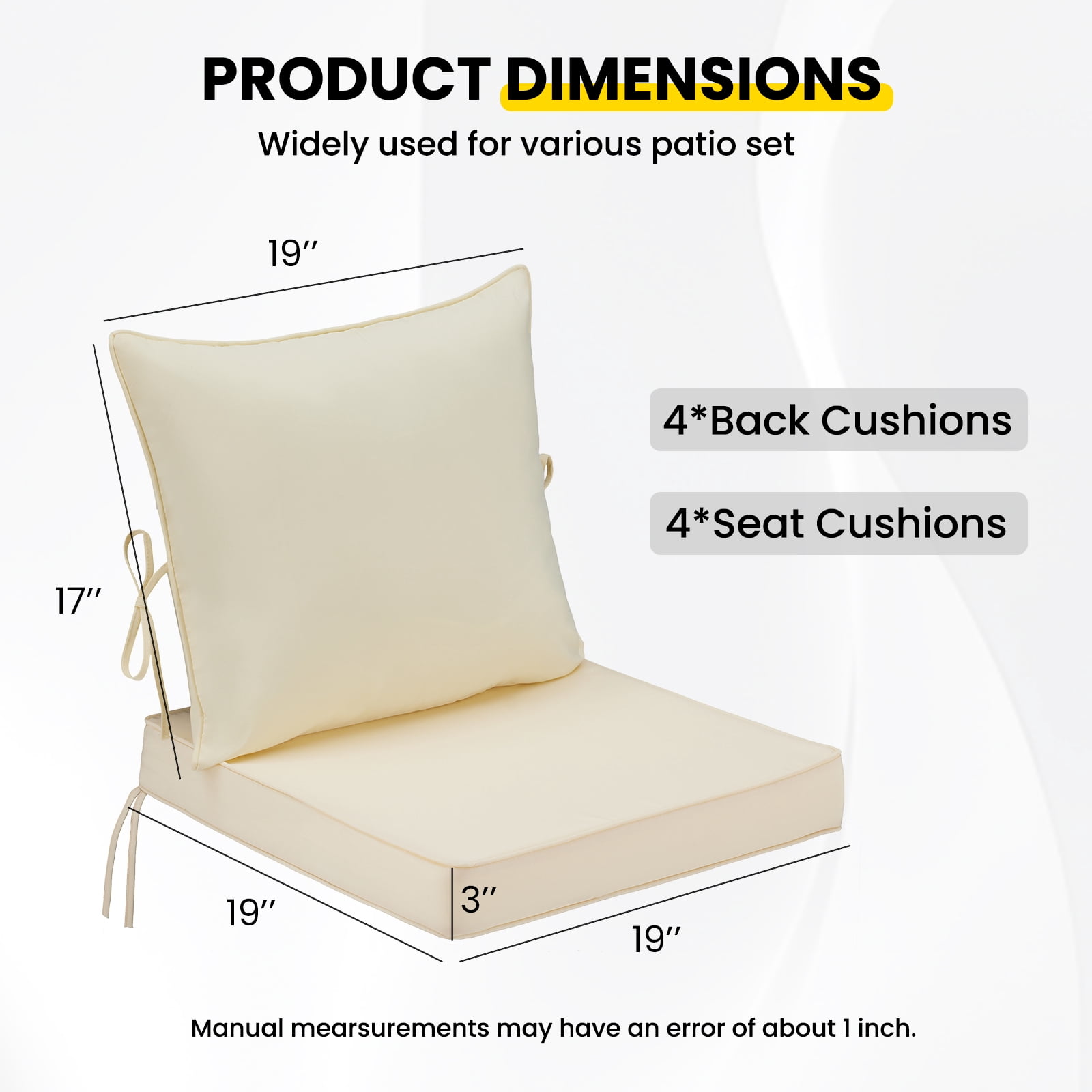 STARY Outdoor Deep Seat Cushions for Patio Furniture, 20"x20" Replacement Sectional Cushions for Outdoor Sofa, Armchair, 8 Pieces, Cream