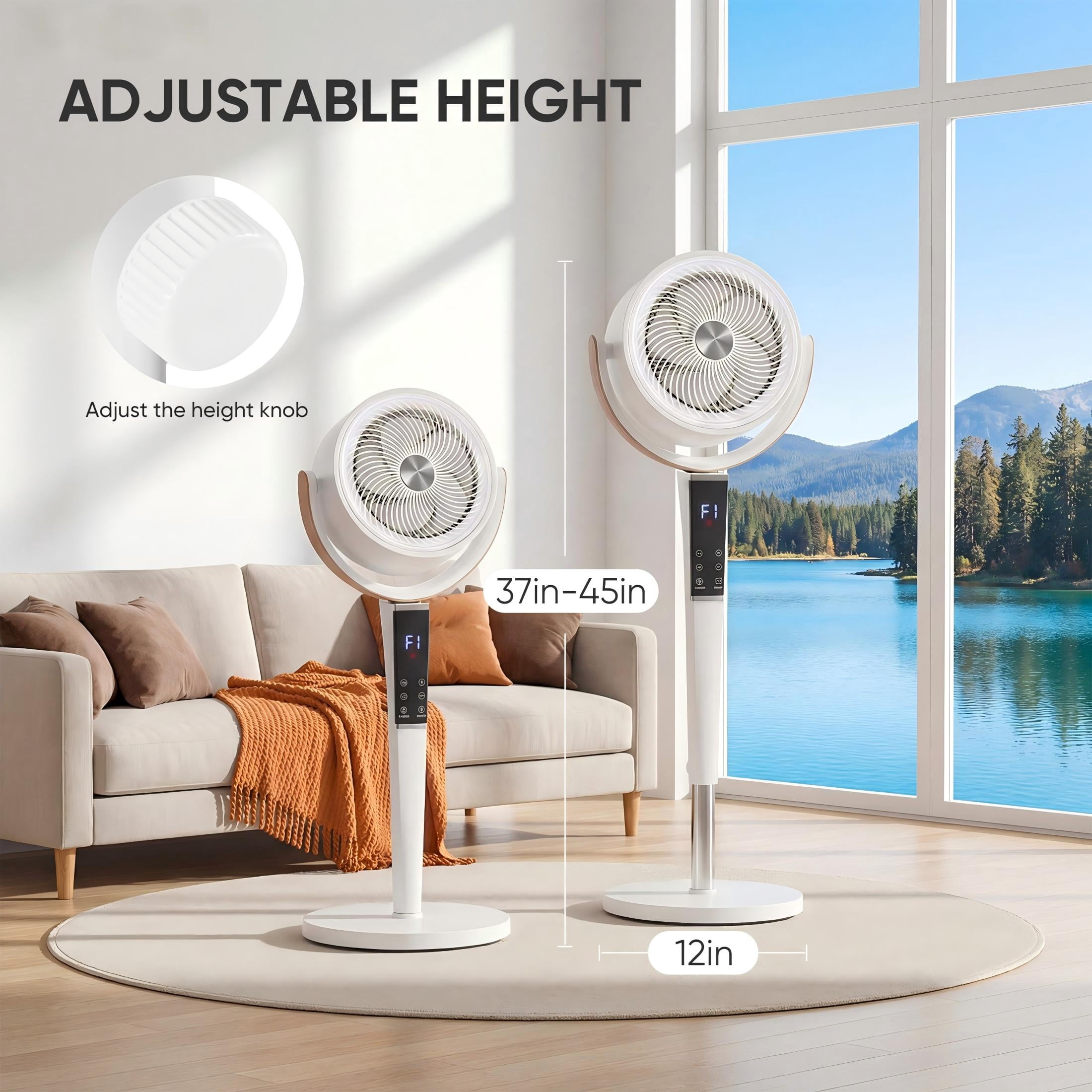SHOUFTW Quiet Pedestal Fan, 15-Speed Oscillating Standing Fan with 5 Modes, 37-45 Inch Adjustable Height, 12H Timer, Silent Cooling Fan for Bedroom Living Room Office, White