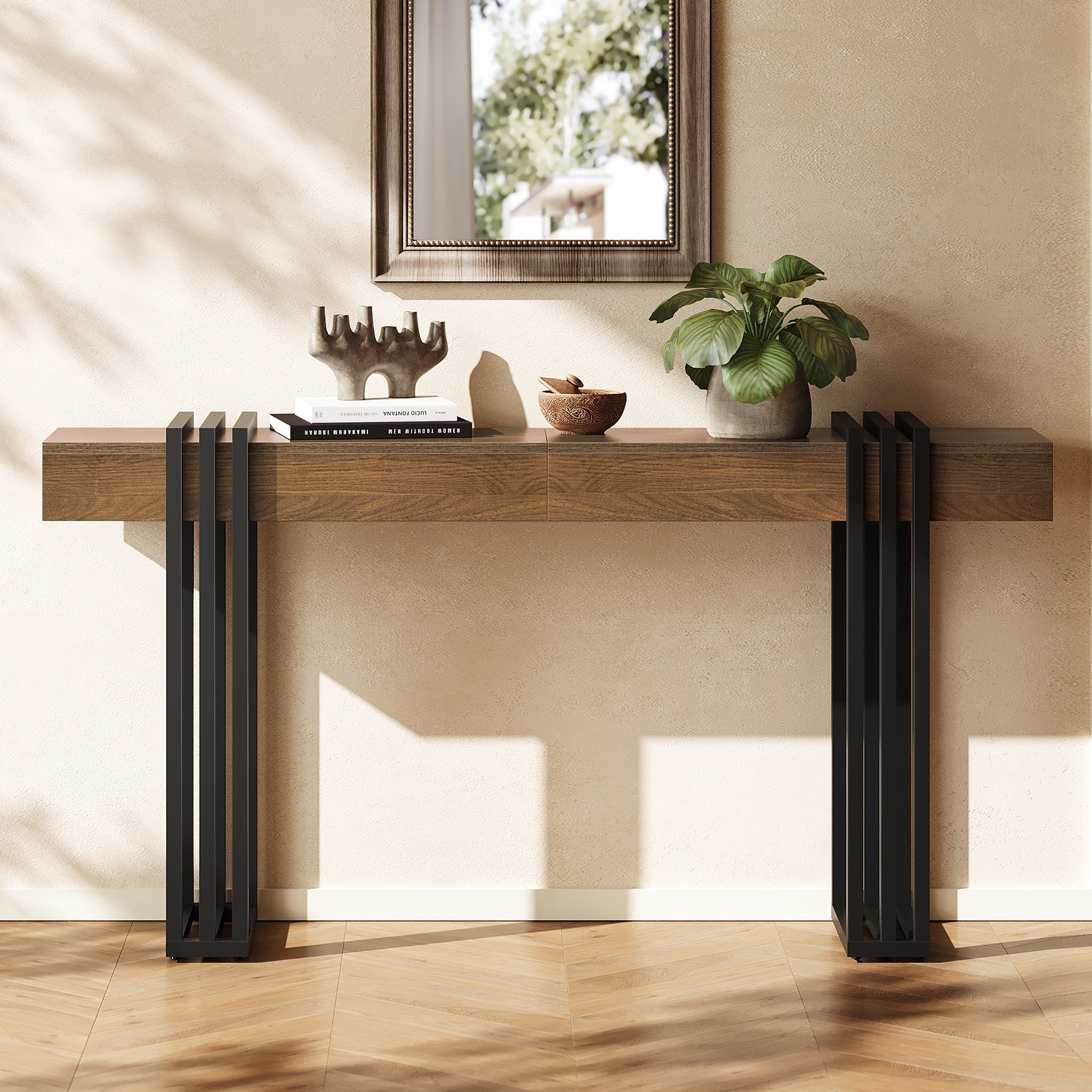 63" Long Console Table, Wood Entryway Table with Black Parallel Metal Frame & Outlet, Sofa Table Behind Couch for Hallway Living Room Foyer, Walnut
