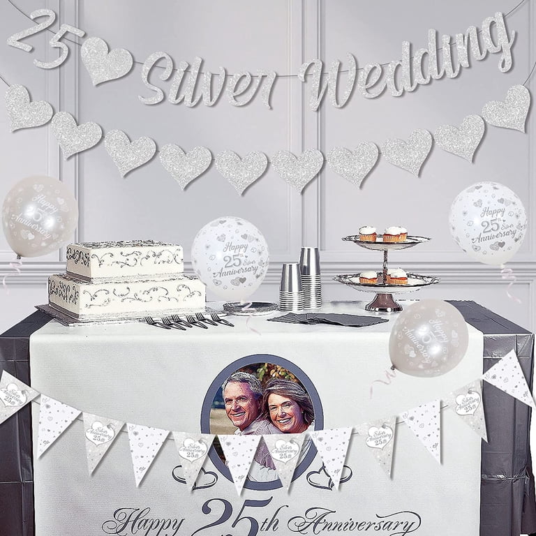 25th Anniversary Banner | Silver Wedding Backdrop 71x43 Inches | Black & Silver Anniversary Decorations