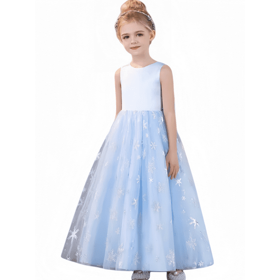 Flower Girl Dress for wedding Birthday Dresses Sleeveless Satin Printed Tulle Floor Length Party Dresses with Bow Special Occasions (2 -3Years）