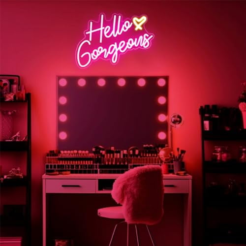 Hello Gorgeous Neon Sign Hello Beautiful Pink LED Neon Lights for Home Wedding Birthday Backdrop Bacelorette Party Wth Dimmable Switch(5V,16.5X10.6inches)