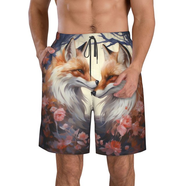 Goofa Romantic Flower Fox Printed Mens Swim Trunks Summer Quick Dry Short Beach Swimwear Bathing Suits-XX-Large