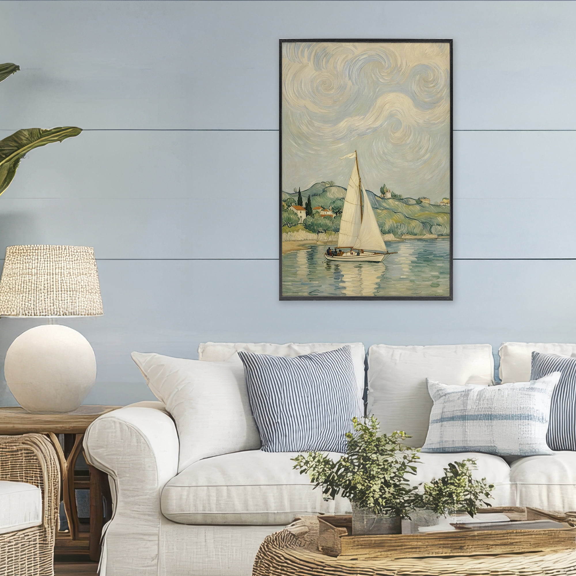 Stupell Industries Sailboat Beneath Swirling Clouds Black Framed Giclee Art, design by Angie Hawke