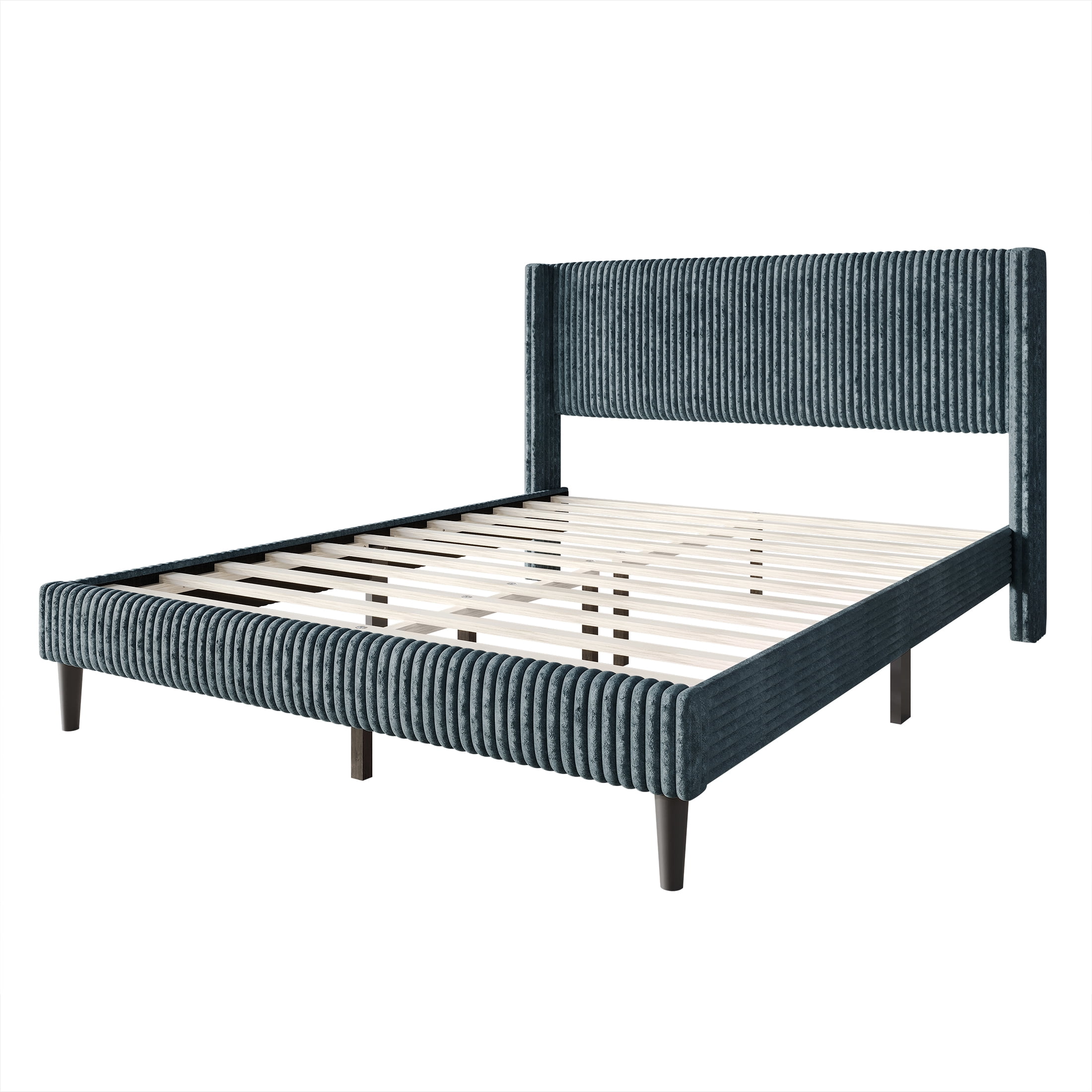 Castle Place Modern Wingback Corduroy Velvet Upholstered King Platform Bed, Light Blue