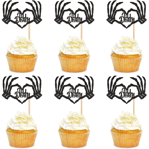 12Pcs Skeleton Hand Cupcake Toppers, Black Glitter Till Death Picks for Halloween, Gothic Wedding, Bachelorette Party Cake Decorations
