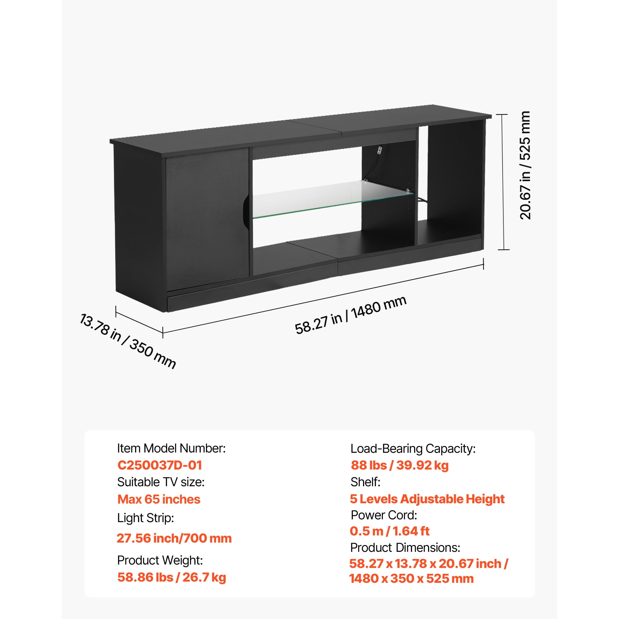 KFFKFF TV Stand for TVs up to 65 inches, Entertainment Center with LED Light Strip & 5 Level Adjustable Glass Shelves, Console Table for Living Room or Bedroom