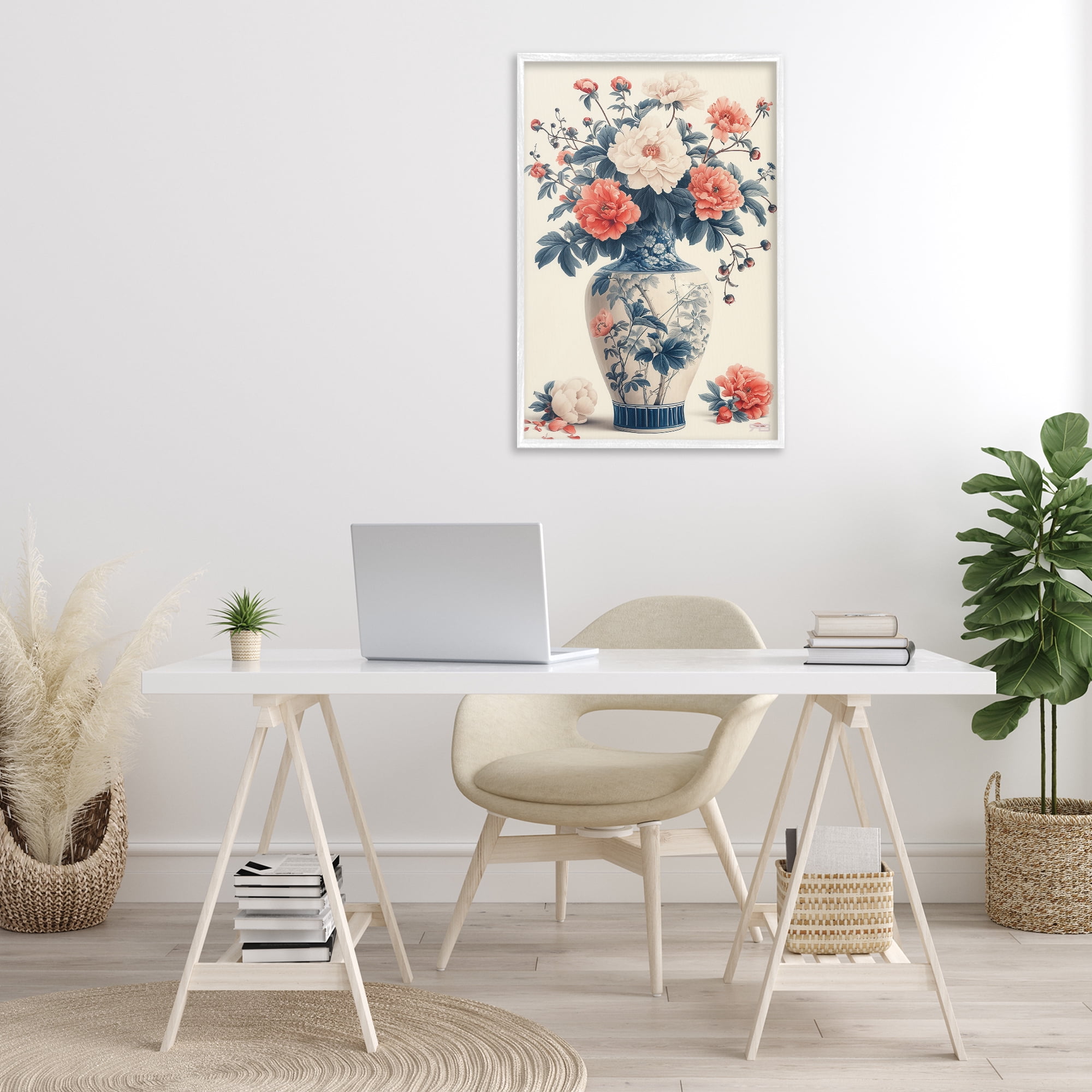 Stupell Industries Vintage Eastern Vase Botanical & Floral Painting White Framed Art Print Wall Art, 20 x 30