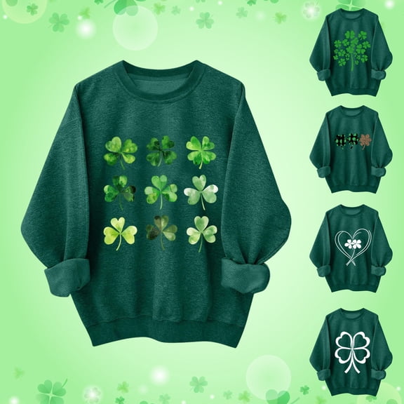 Womens St Patricks Day Tops Four Leaf Clover Shirt Crewneck Cute Sweatshirt Irish Long Sleeve Shirts Green St Patricks Day Shirt Women