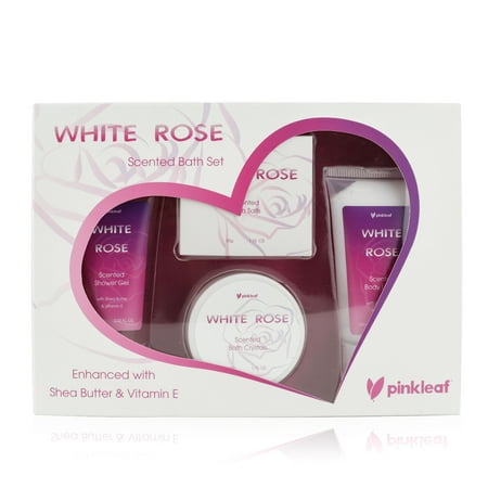 Pampering Set - White Rose Bath & Body Gift Set ? Floral Scented Shower Gel & Lotion with Shea Butter & Vitamin E, Bathtub Crystals & Softening Salts ? 4pc Pamper Kit for Women & Girls