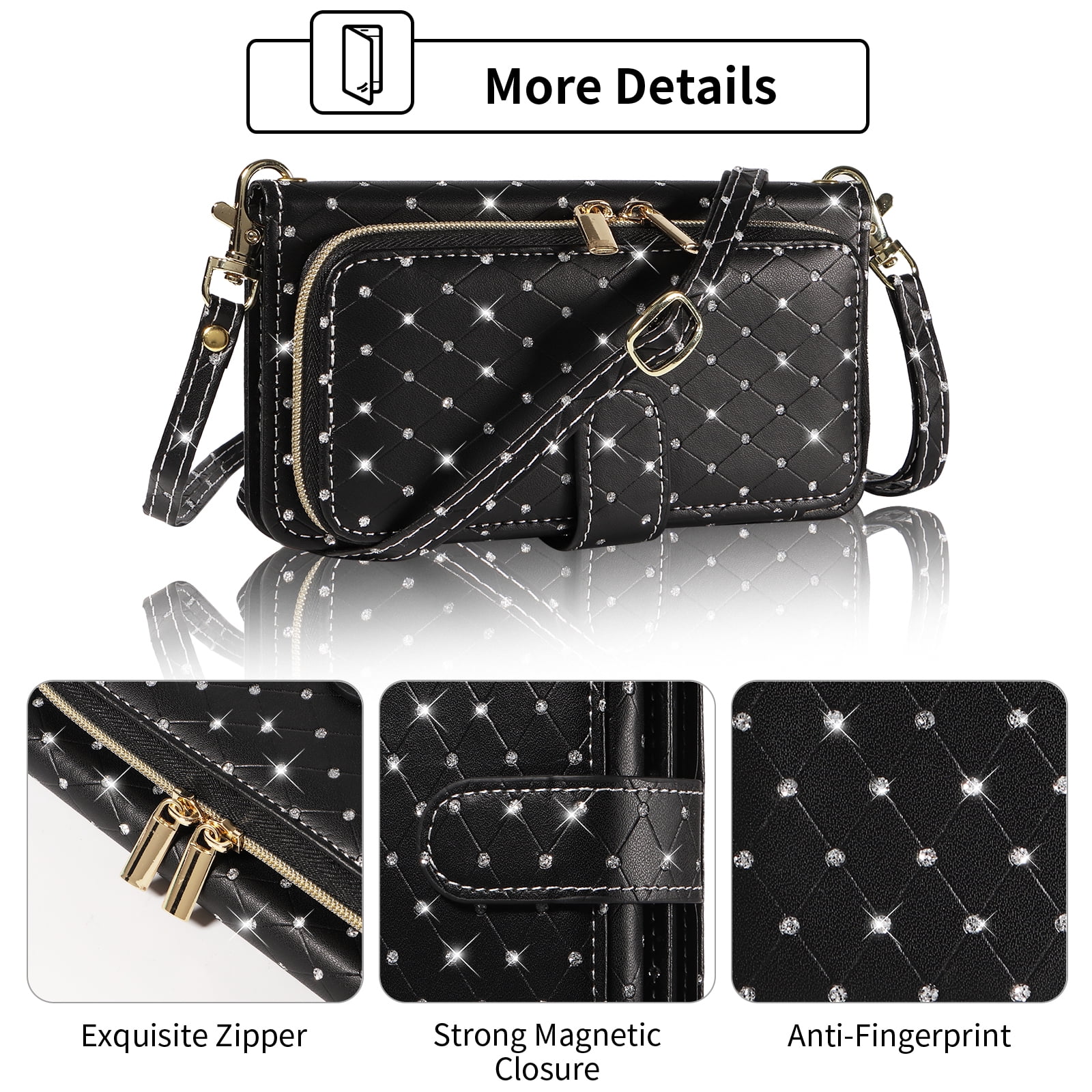 Compatible with iPhone 16e/SE 2025/SE 4 Wallet Phone Case Tempered Glass Screen Protector Bling Glitter Crossbody Lanyard Strap Flip Zipper Purse Card Holder Cell Cover for i Phone16e SE4 Women Black