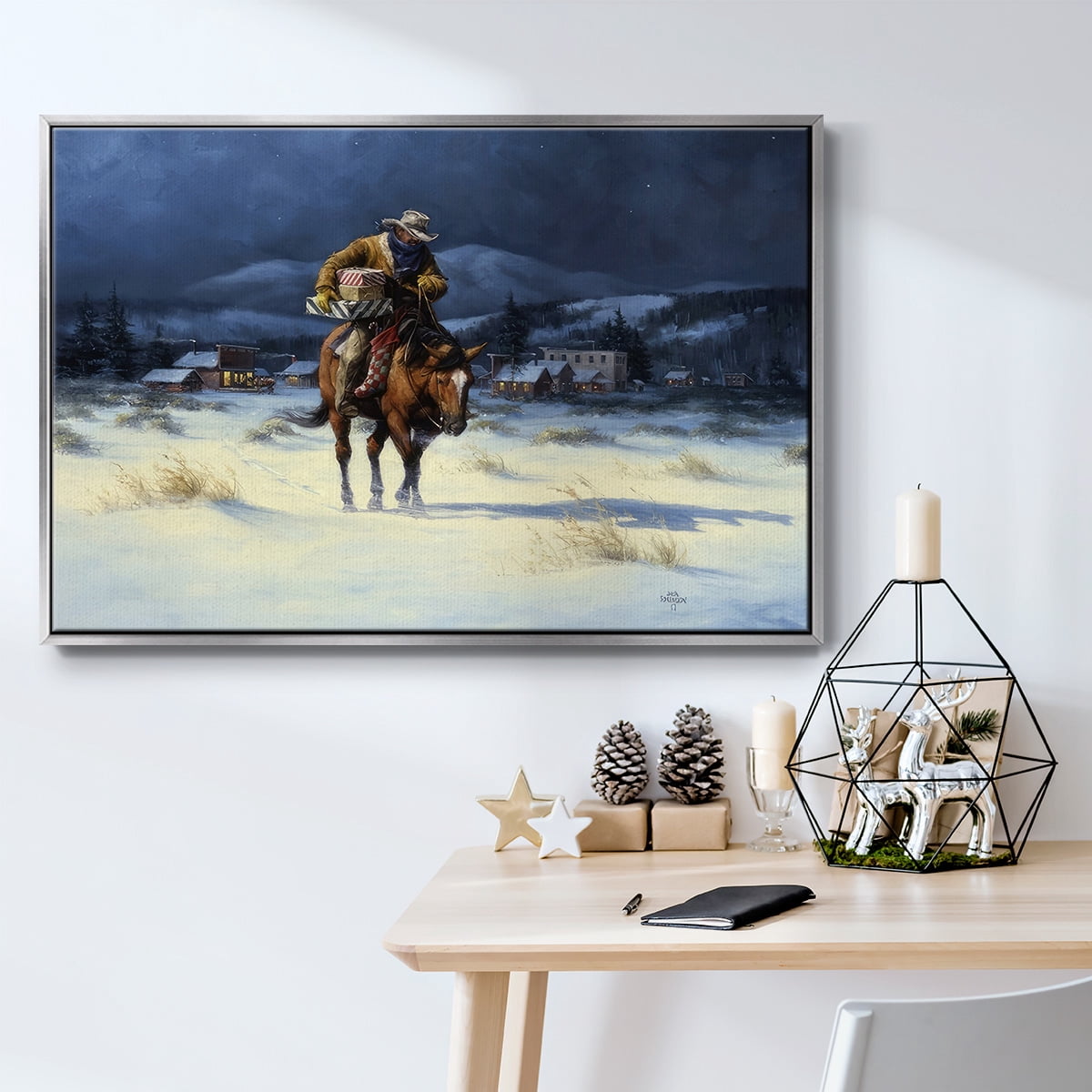 Bringing Christmas Home - Framed Gallery Wrapped Holiday Canvas - 27 x 41 - Silver Frame