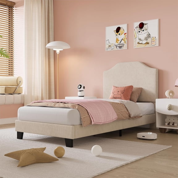 Senfot Twin Size Velvet Bed Frame – Corduroy Upholstered Platform Bed with Adjustable Headboard, No Box Spring Needed, Strong Wooden Slats, Noise-Free, Easy Assembly, Beige