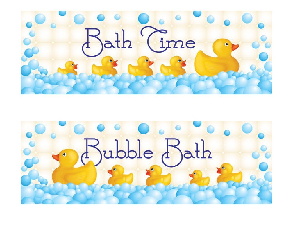 Modern Blue and White Bubble Bath Rubber Ducky Kid's Bathroom Decor; 2 18" x 6" Unframed Prints