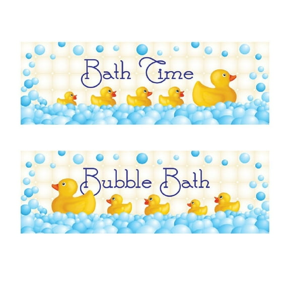 Modern Blue and White Bubble Bath Rubber Ducky Kid's Bathroom Decor; 2- 18" x 6" Unframed Prints