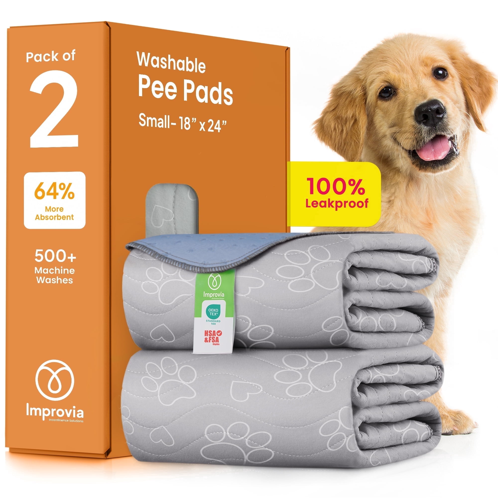 Improvia Washable Pet Pads for Dogs, Waterproof Reusable, 18 x 24 in, 2 Pack