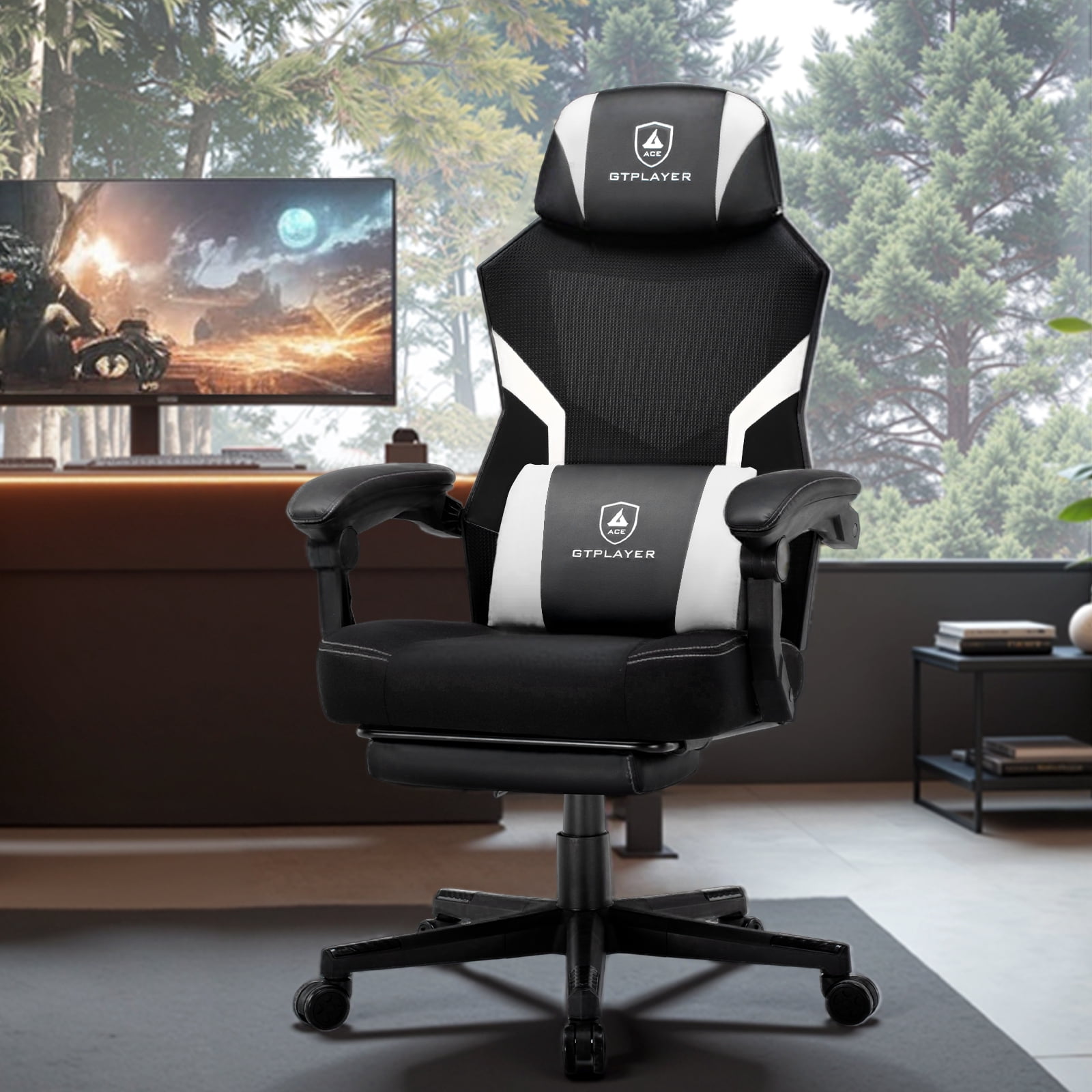 GTPLAYER Ergonomic Mesh Back Reclining Gaming Office Chair with Footrest, White