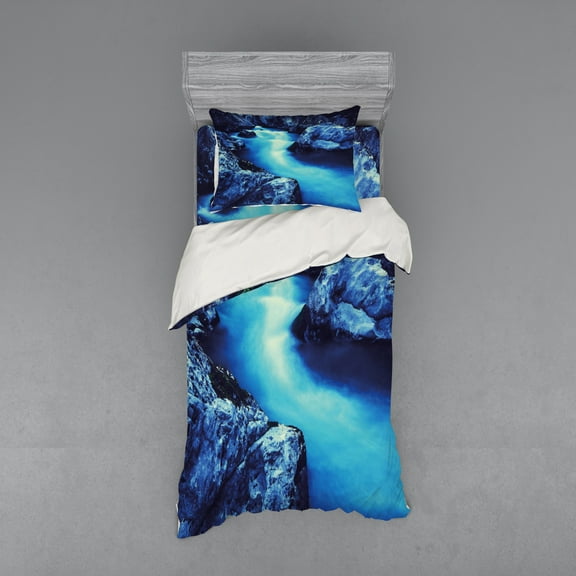 Waterfall Duvet Cover Set, Frozen Dangerous Lake with Atmosphere of a Cave and Snow on the Rocks Nature, Bedding Set with Shams and Fitted Sheet, 3 Sizes, by Ambesonne