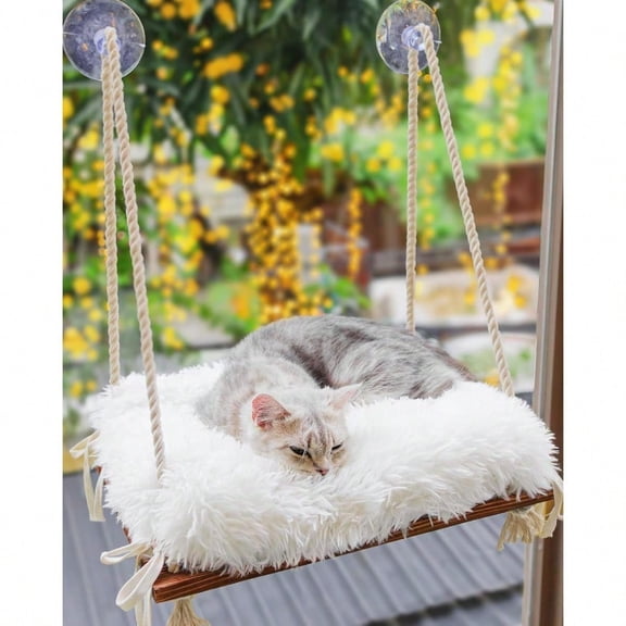 Cat Window Perch Hammock Bed For Cats Inside Solid Wood Seat 4 Strong Suction Cups Soft Cushion Rustic Indoor Pet Shelf