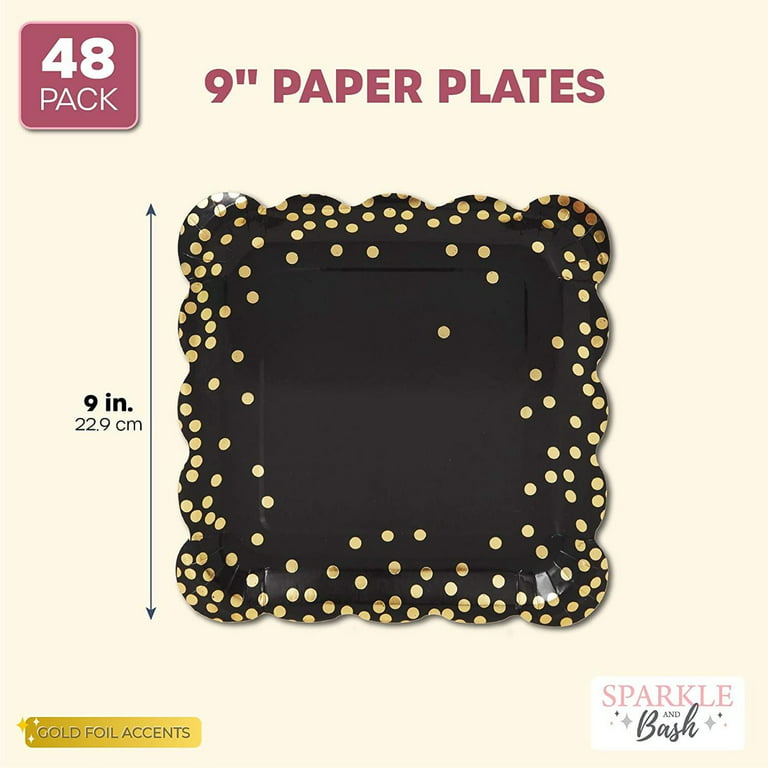 48-Pack Square Confetti Paper Plates, Scalloped Edge (Black, 9 in) 