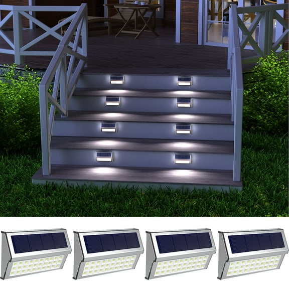 JSOT 4 Pack Solar Step Lights Outdoor, 30 LED Stainless Steel Solar Stair Lights, Waterproof Outside Stair Light Backyard Decor for Garden Patio Yard Porch Staircase Walkway, White Light