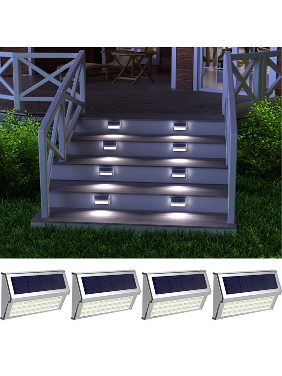 4 Pack Solar Step Lights Outdoor, 30 LED Stainless Steel Solar Stair Lights, Waterproof Outside Stair Light Backyard Decor for Garden Patio Yard Porch Staircase Walkway, White Light