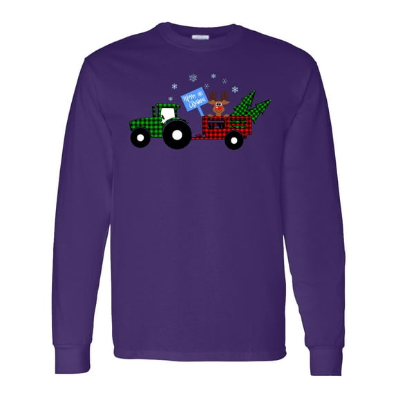 Inktastic Plaid Christmas Tractor with Cute Reindeer Long Sleeve T-Shirt