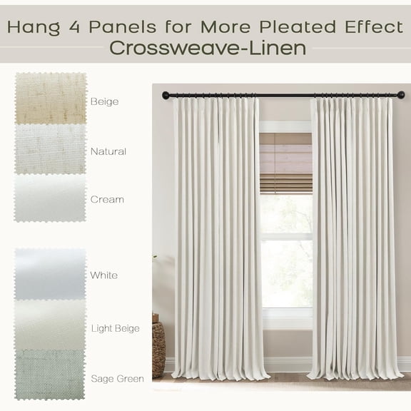 Pinch Pleated Blackout Curtains for Living Room 96 Inch Long 2 Panel Set, Farmhouse Linen Black Out Custom Window Drapes Floor Length Track Curtains Ceiling Mount with Hooks, Cream