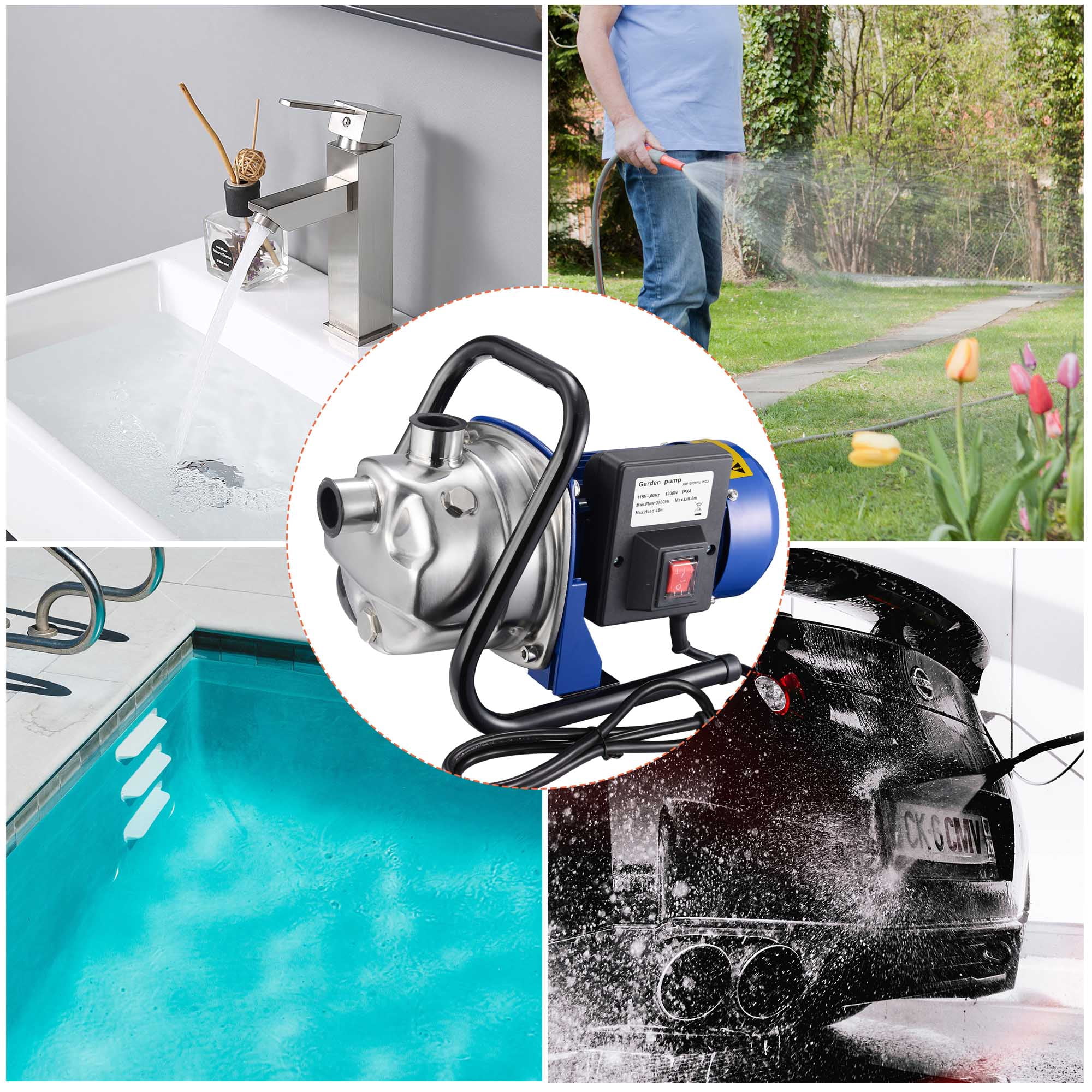 Yescom 1200W Electric Water Booster Pump Stainless Steel Garden Sprinkler Pump Pool