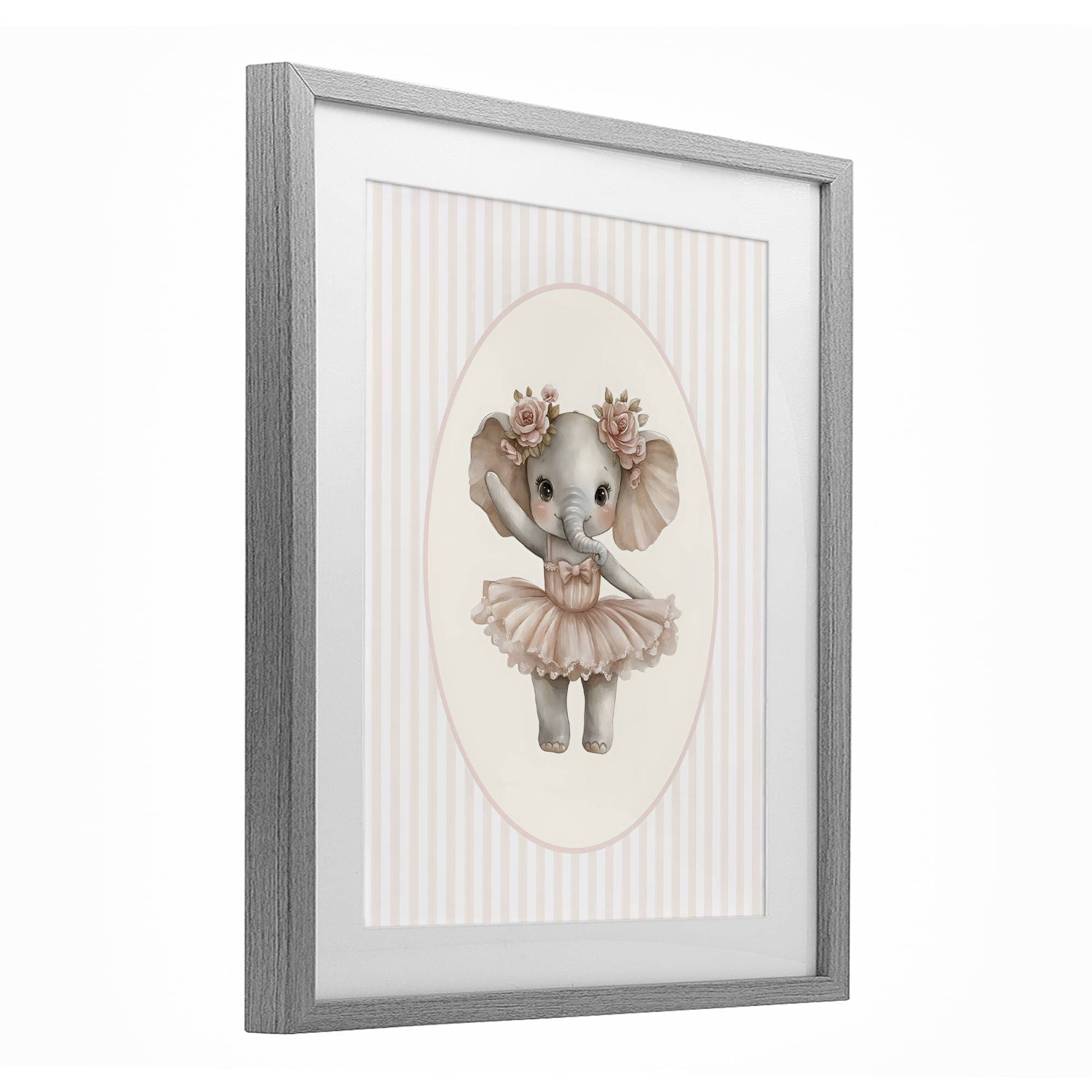 Stupell Industries Nursery Ballerina Elephant Striped Gray Framed Print Under Glass, design by LSR Design Studio