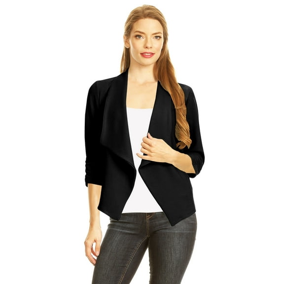 Women's Fitted Waist Length Jacket Open Front Draped Neck Ruched Sleeves