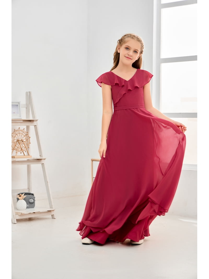 junior bridesmaid dresses burgundy Chiffon Flower Girl Dress Girls Spaghetti Straps Party Pageant Gown -Burgundy-14Y Height:5'7
