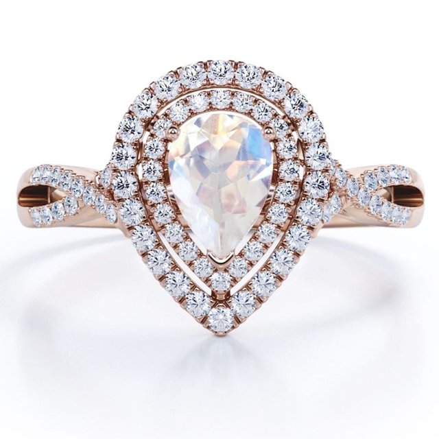 JeenMata Anillo de Compromiso de 1,75 Quilates con Piedra Lunar Arcoíris y Moissanita en Forma de Almendra, Doble Racimo, Banda Retorcida Pavé, Baño de Oro Rosa de 18 K sobre Plata