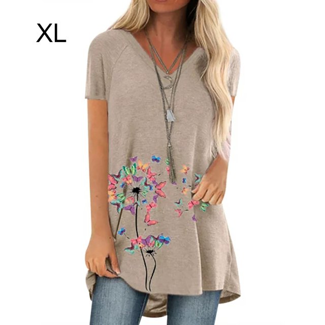 Camiseta con cuello en V, suelta, manga corta, blusa, estampado de mujer, camiseta de verano, albaricoque, XL Noticed AP002392-14