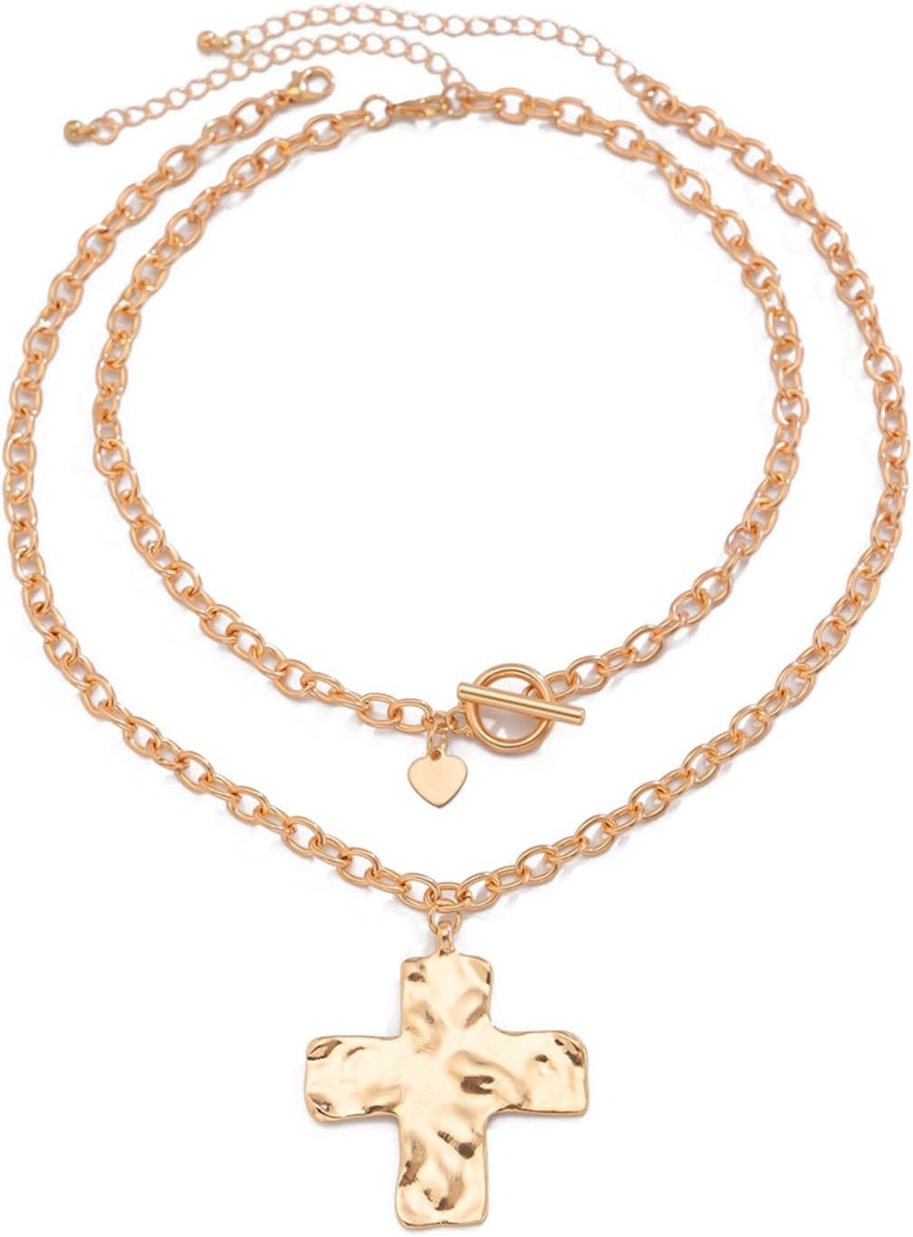 Chunky Cross Necklace for Women Gold Chunky Cross Pendant Necklace Layered Heart Toggle Necklace Hammered Cross Statement Necklace Thick Chain Necklace Jewelry