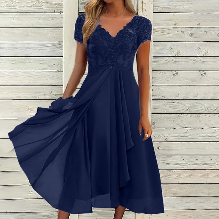 Dndkilg Women's V Neck Mother of The Bride Chiffon Tea Length Dresses with  Sleeves Lace Formal Evening Gowns Blue S - Walmart.com