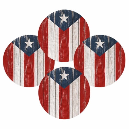 4th of July Round Placemats Set of 4 Puerto Rico Flag Place Mats Independence Day Woven Placemat Star Red Stripes And Blue Patriot Retro Wood Circle Braided Table Mat for Kitchen Dinner Party