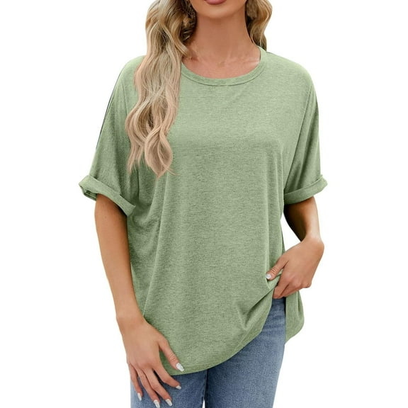 Elabch Womens Oversized T Shirts Short Sleeve Crewneck Summer Tops Casual Loose Basic Tee Shirts 2025 Trendy Clothes Green L