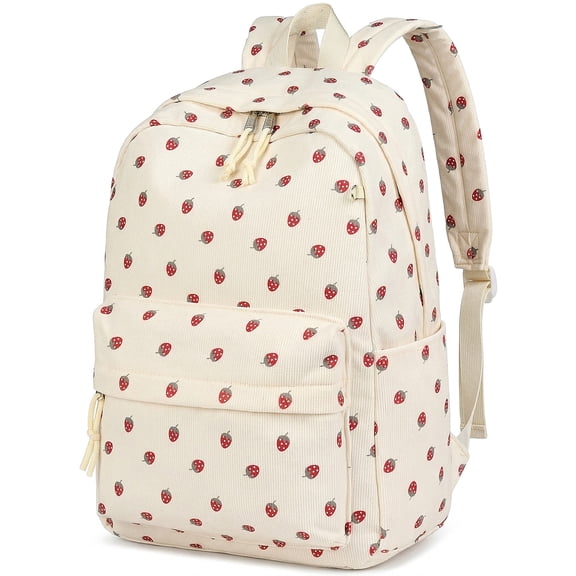 DAKIMOE School Backpack for Kids Teens Girls Cute Girlish Middle High School Bookbag Large Capacity Lightweight Daypack for College Students Beige Strawberry