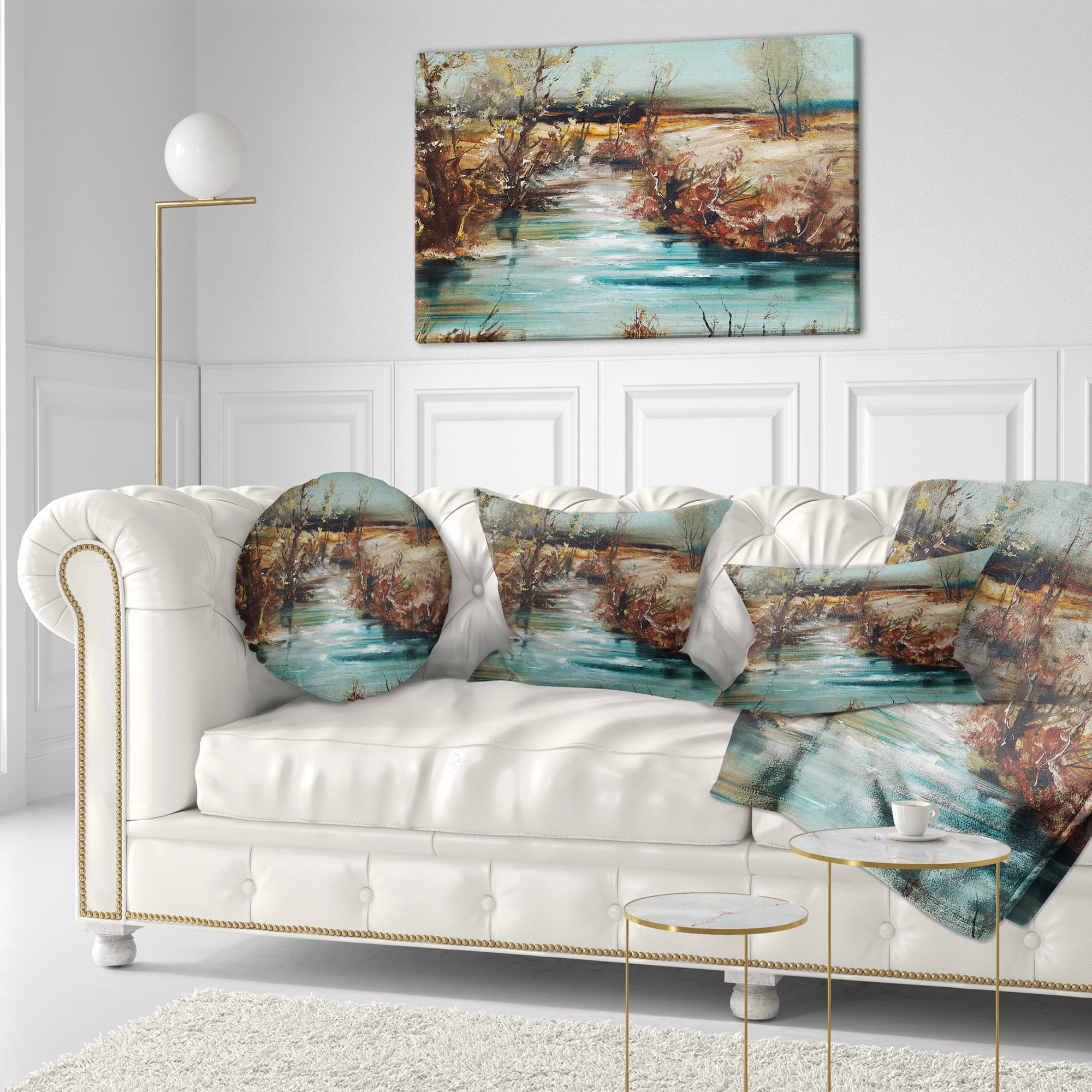 Designart Trees and Creek Oil Painting - Landscape Painting Throw Pillow - 12x20