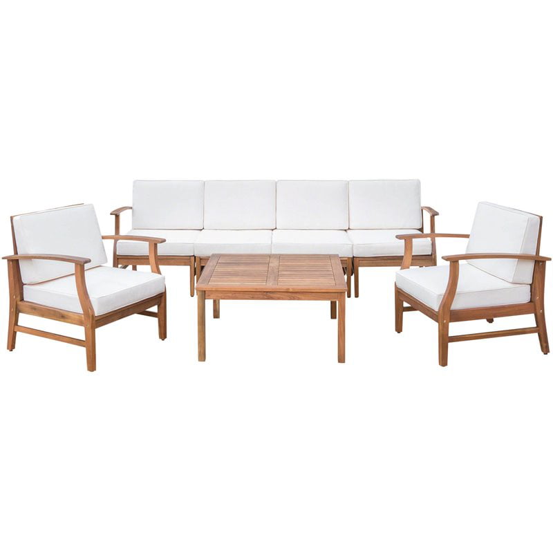 Lorelei Outdoor 3 Seater Teak Finished Acacia Wood Sofa and Table Set with Cream Water Resistant Cushions 