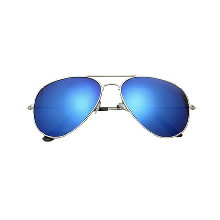 AVIATOR SUNGLASSES - SILVER FRAME WITH BLUE FLASH MIRRORED LENSES - POLARIZED VINTAGE FASHION STYLE MIRRORED SHADES FOR WOMEN AND MEN