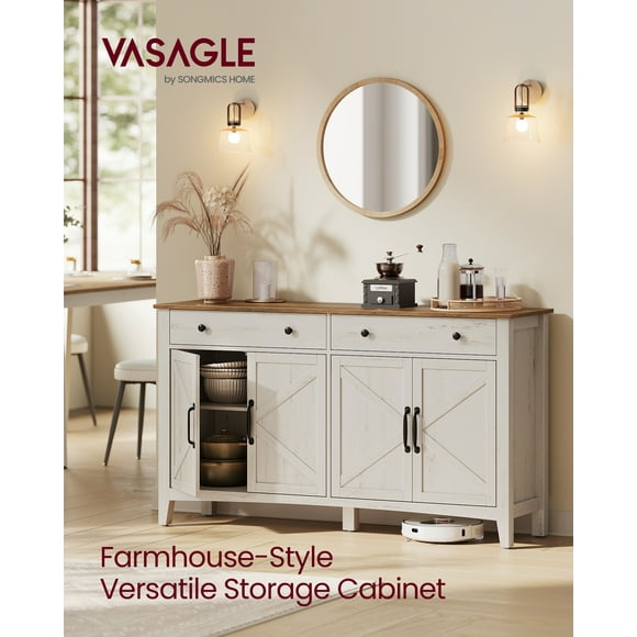 VASAGLE Armoire de Bar à Café Style Ferme avec 2 Tiroirs et Tablettes Ajustables - Buffet de Rangement de Cuisine, Blanc Rustique et Brun Miel
