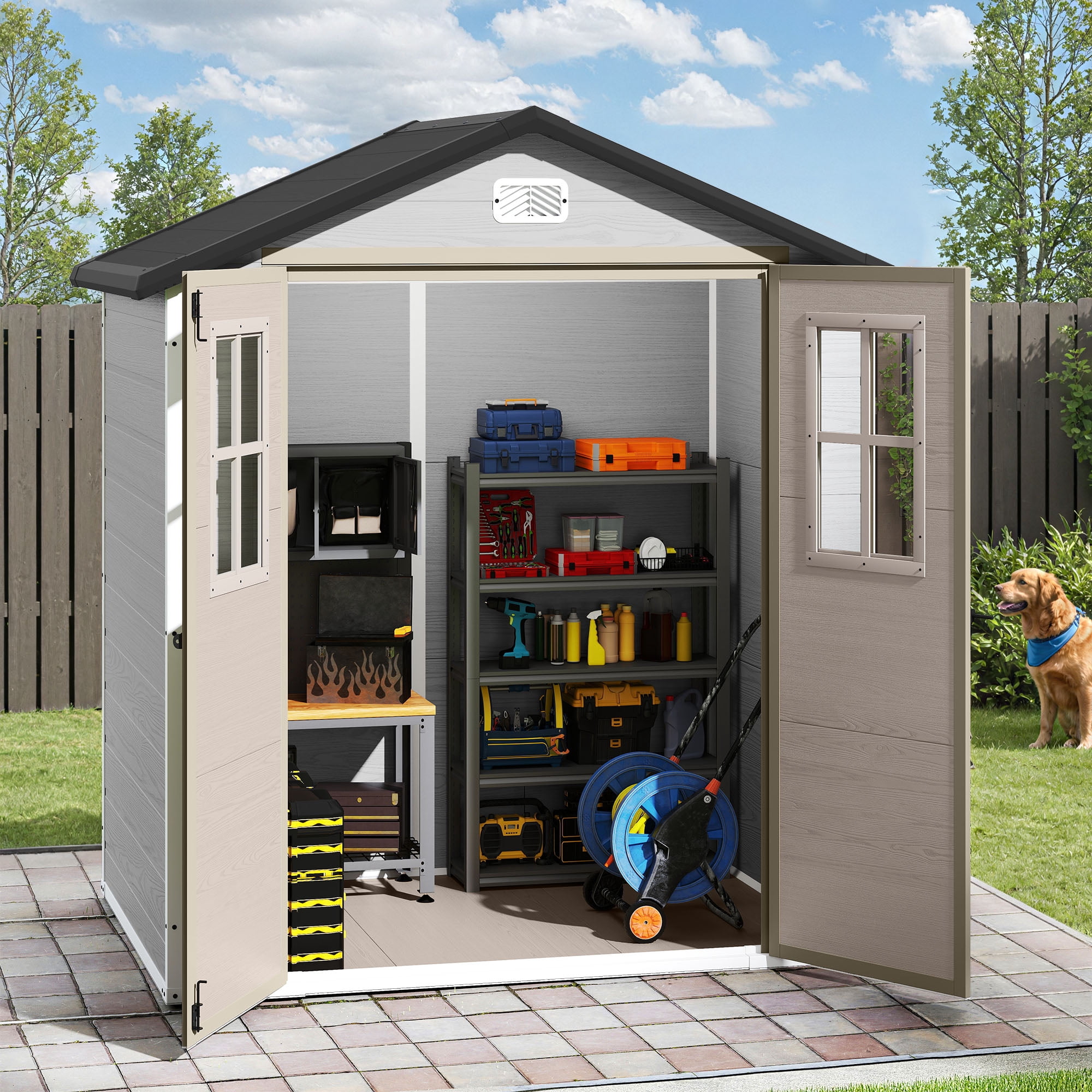 Uforic 6x4.4 FT Double-Wall Resin Outdoor Storage Shed, Plastic Garden Tool Shed with 2 Windows & Lockable Door, Waterproof Storage House for Lawn Mower, Backyard Patio Lawn, Greige & Gray