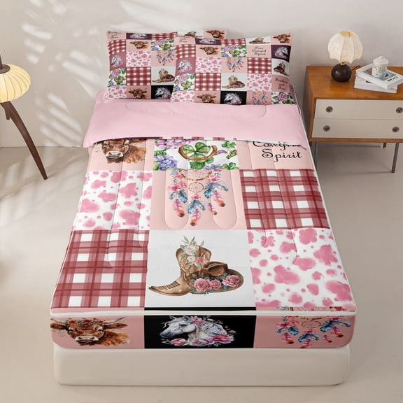 Homewish Cowgirl Print Kids Zipper Full Size Comforter Sets with Fitted Sheet and 2 Pillowcases, Pink Patchwork Zipper Bedding Set, Pink Reversible, 4-Piece
