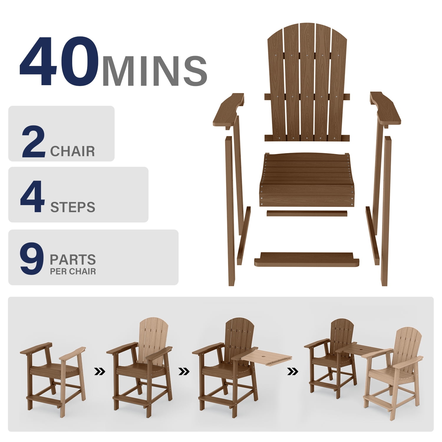 WINSOON Tall Adirondack Chair Set of 2 with Connecting Tray,Outdoor Bar Stools-Brown