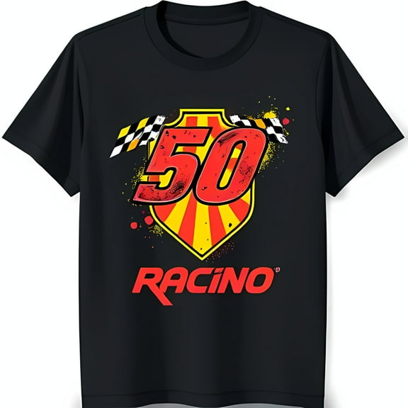 Men's Black T-Shirt with Racing Design Large Red 50 in Circle Checkered & 'RACINO' Text